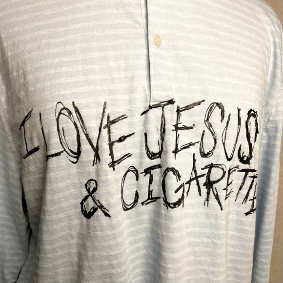 “I LOVE JESUS AND CIGARETTES” light blue distressed polo - Picture 3 of 4